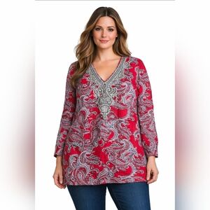 Linen Charter Club Luxury Red blouse size L sequin embroidered Valentines